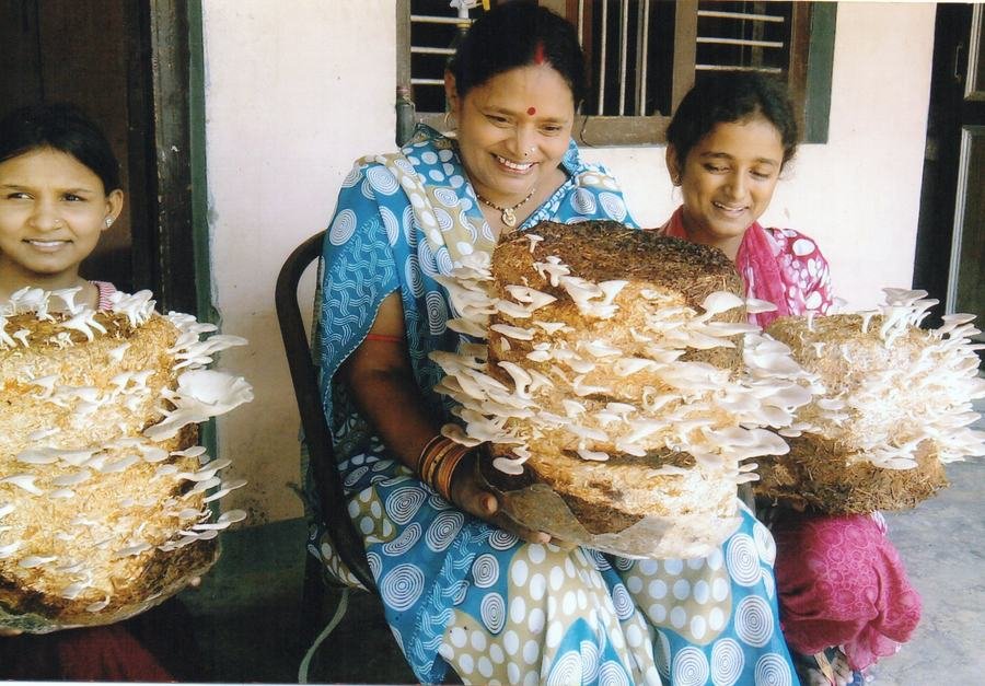 A trainee family with their fresh mushroom harvest