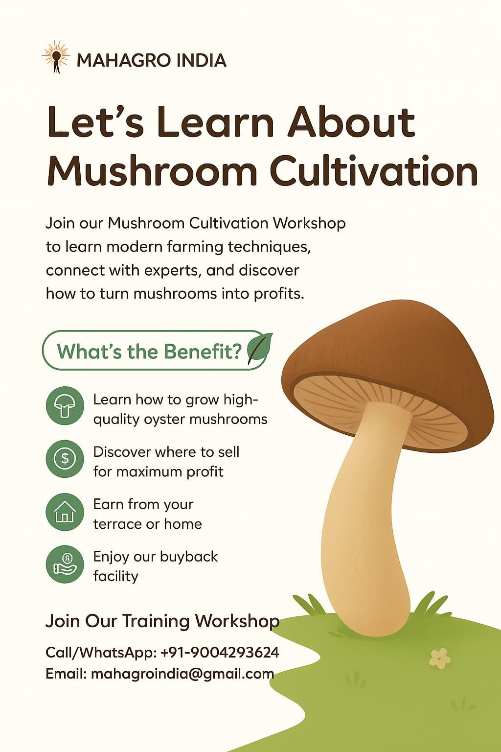 Mahagro India mushroom cultivation workshop — learn cultivation, discover where to sell, earn from home or terrace, and our buyback facility